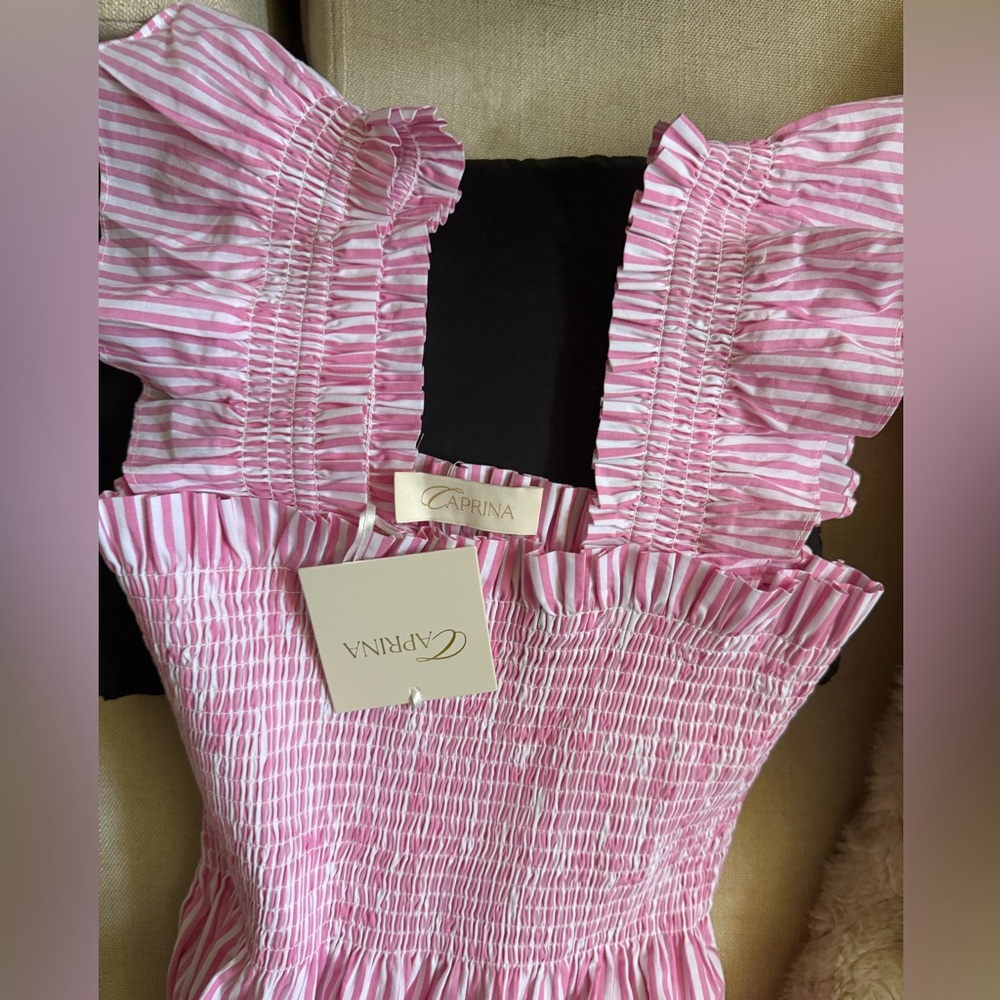 Smocked Tiered Midi Dress - Pink Stripe - Picture 2 of 6